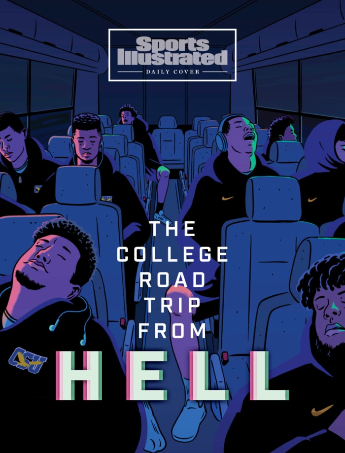 An illustration of Coppin State men's basketball players sleeping on a bus ride.